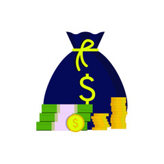 Money, coins, bills, dollars, a bag of money. Vector icon, flat cartoon color design isolated on white background, eps 10.
