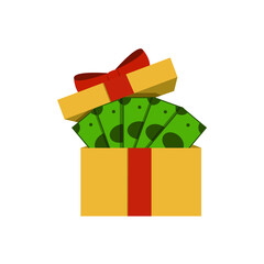 Money inside a gift box. Concept: winning, cash prize. Vector icon, flat cartoon color minimal design isolated on white background, eps 10.