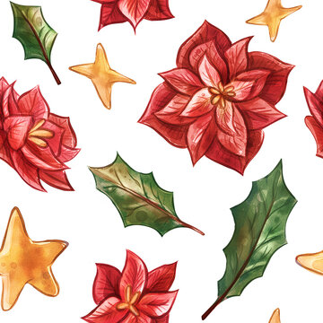 Watercolor seamless pattern on Christmas and holiday theme in vintage style. Designed with festive golden stars, red holly flowers, leaves, berries, green fir trees isolated on white background