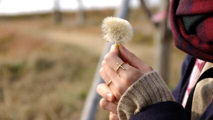 たんぽぽを握る女性の手