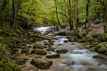 Fototapeta na wymiar beautiful mountain stream with small waterfall in autumn forest landscape