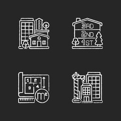 Residential houses chalk white icons set on black background. Number of stories in multistorey building. New skyscraper. Condominium for dwelling. Isolated vector chalkboard illustrations