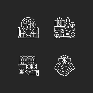 Commercial deal for realty chalk white icons set on black background. Real estate. House location on map. Home position. Suburb neighborhood. Isolated vector chalkboard illustrations