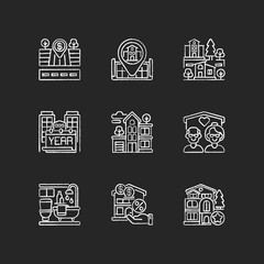 House services chalk white icons set on black background. Empty lot for sale. Home position on map. Nursing house for seniors. Year built of building. Isolated vector chalkboard illustrations