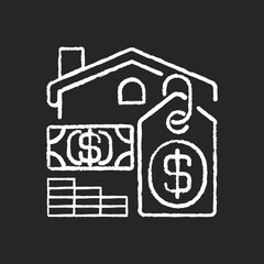 Price chalk white icon on black background. House mortgage. Buying home. Finance investment. Residential property for sale. Invest in realty. Real estate cost. Isolated vector chalkboard illustration