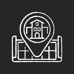 House location chalk white icon on black background. Pinpoint home on map. GPS marker for residential accommodation. Search for real estate. Isolated vector chalkboard illustration