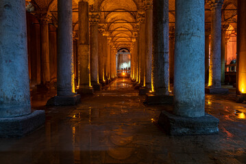 Interior of Basilica Cistern or Cisterna Basilica, Yerebatan Sarayi in Istanbul. 