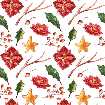 Watercolor seamless pattern on Christmas and holiday theme in vintage style. Designed with festive golden stars, red holly flowers, leaves, berries, green fir trees isolated on white background