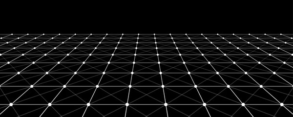 Vector perspective grid. Digital background in retro style. Wireframe landscape on black background.