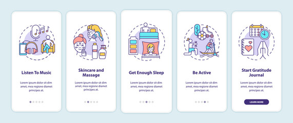 Self care practices onboarding mobile app page screen with concepts. Skincare and massage. Listen to music walkthrough 5 steps graphic instructions. UI vector template with RGB color illustrations