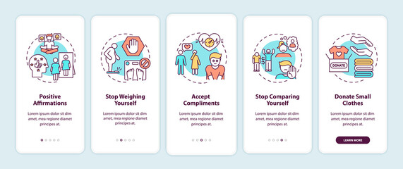Body positivity tips onboarding mobile app page screen with concepts. Stop weighing yourself walkthrough 5 steps graphic instructions. UI vector template with RGB color illustrations