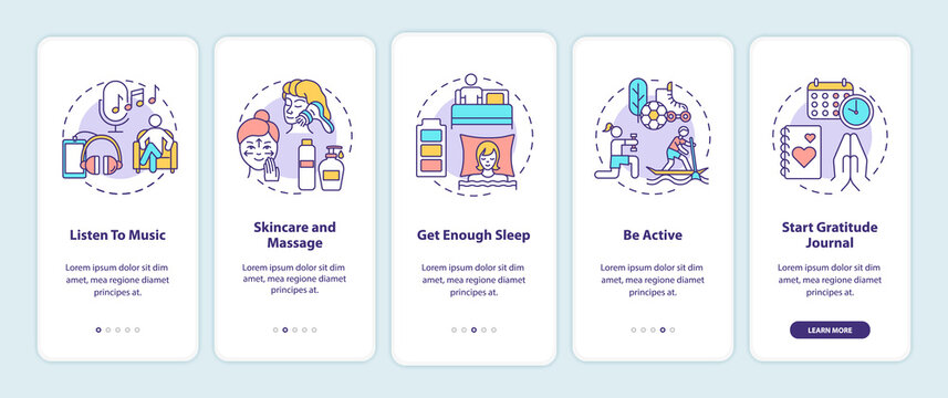 Self care practices onboarding mobile app page screen with concepts. Skincare and massage. Listen to music walkthrough 5 steps graphic instructions. UI vector template with RGB color illustrations