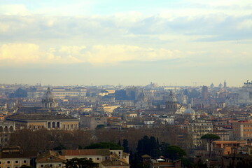 Fototapeta na wymiar Mist on the morning panorama of Rome, Italy