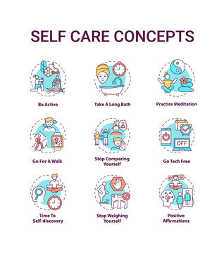 Self care concept icons set. Self care checklist. Self care practices. Body positivity tips idea thin line RGB color illustrations. Vector isolated outline drawings. Editable stroke