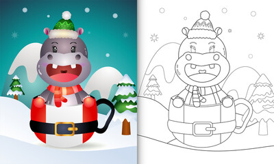 coloring book with a cute hippo christmas characters with a hat and scarf in the santa cup