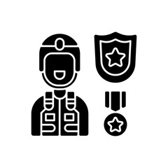 Defence industry black glyph icon. Military officer. Armed forces. Weapons and military technology. Veteran. Protective equipment. Silhouette symbol on white space. Vector isolated illustration