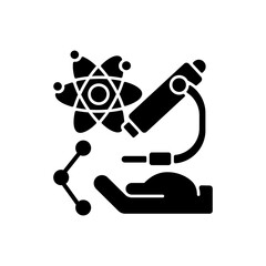 Science and research black glyph icon. Clinical trials. Researcher. Physics, chemistry and biology. Advanced treatment technologies. Silhouette symbol on white space. Vector isolated illustration