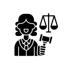 Justice sector black glyph icon. Judiciary. Legitimacy. Court. Judicial reform. Practising lawyers. Executive and legislature power. Silhouette symbol on white space. Vector isolated illustration