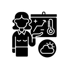 Weather forecasters black glyph icon. Meteorologist. Atmosphere conditions. Barometric pressure. Temperature and precipitation. Silhouette symbol on white space. Vector isolated illustration