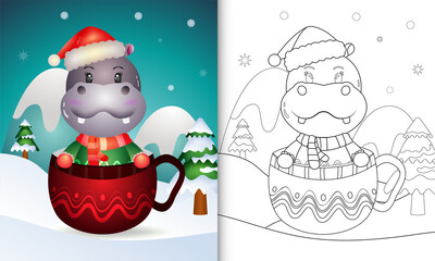 coloring book with a cute hippo christmas characters with a santa hat and scarf in the cup