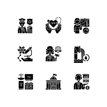 Routine Services Black Glyph Icons Set On White Space. Public Safety. First Responders. Weather Forecasters. Research. Water And Wastewater. Silhouette Symbols. Vector Isolated Illustration