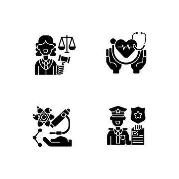 Critical services black glyph icons set on white space. Justice sector. Health care. Human services. Research. Law enforcement. Judiciary. Silhouette symbols. Vector isolated illustration