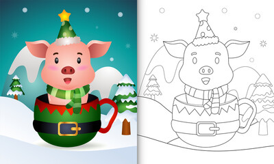 coloring book with a cute pig christmas characters with a hat and scarf in the elf cup