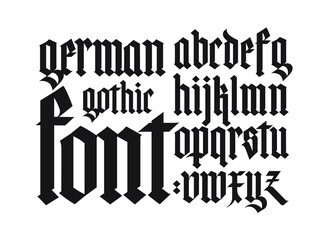 Gothic, English alphabet. Vector set. Font for tattoo, personal and commercial purposes. Elements isolated on white background. Calligraphy and lettering. Medieval Latin letters.