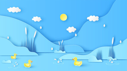 Natural scenery in Summer with drizzle and yellow ducks swimming in the river. Paper cut and craft style. vector, illustration.