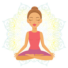 Fototapeta na wymiar Vector illustration of catroon yoga girl sitting in meditation pose with mandala background. Vector yoga woman character. 