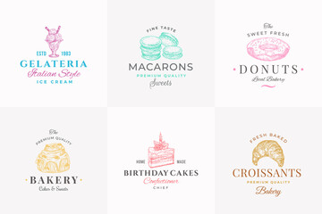 Premium Quality Confectionary Abstract Signs, Symbols or Logo Templates Collection. Hand Drawn Ice Cream, Donut and Cakes with Typography. Local Bakery Vector Emblems Concepts Set.
