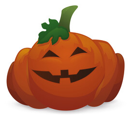 Isolated Grinning Pumpkin with Leaf and Stem for Halloween, Vector Illustration