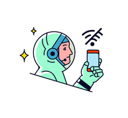 Astronaut with a mobile phone. Vector. Astronaut icon with smartphone. Internet search and wi-fi. Prohibition or permission to communicate. Outline flat style. Illustration for website or print.