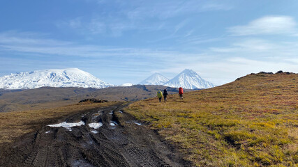 Three tourists with big backpacks and trekking poles go to the volcanoes of Kamchatka.