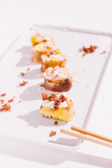 Carbonara sushi style  maki rolls, reshaping a traditional dish from italy