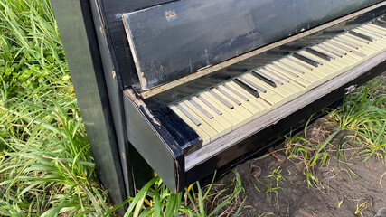 Fototapeta na wymiar Musical instrument in nature. An old piano is on the ground in the grass.