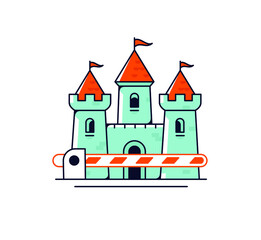 Medieval castle with a gate. Vector. No entry and exit icon. Allegory and metaphor of the restricted area. Outline flat style. Illustration for website or print.