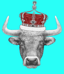 Portrait of Bull with crown. Hand-drawn illustration.