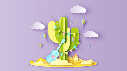Illustration of a cactus decorated with guitars, lanterns, bonfire, pennant flag and fireworks in festa junina festival. Paper cut and craft style. vector, illustration.