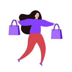 Happy girl with packages in her hands after shopping. Vector illustration.