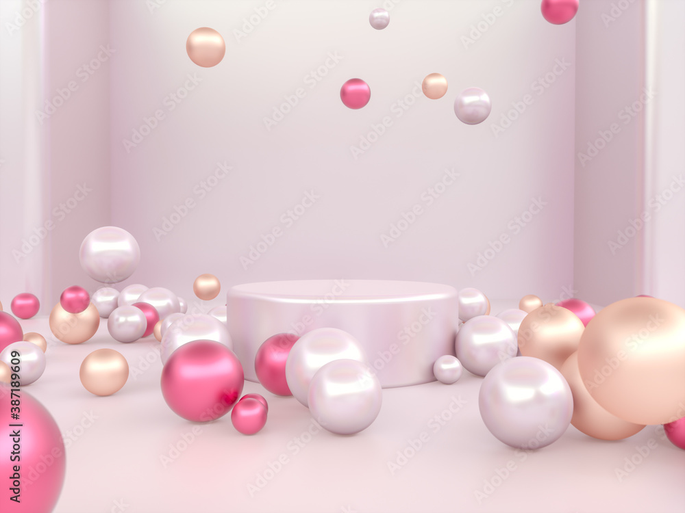 Poster abstract christmas podium backdrop with geometric balls. 3d render.