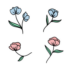 vector Doodle set with hand-drawn cartoon flowers. graphic decorative elements isolated on a white background. peonies, poppies, tulips, roses. icons, tattoo and symbols
