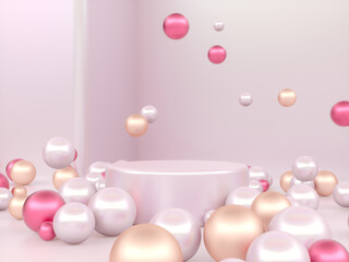 Abstract Christmas podium backdrop with geometric balls. 3d render.