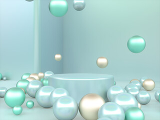 Abstract Christmas podium backdrop with geometric balls. 3d render.