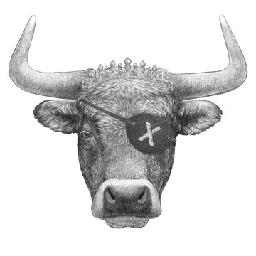 Portrait of Bull with diadem and eye patch. Hand-drawn illustration.