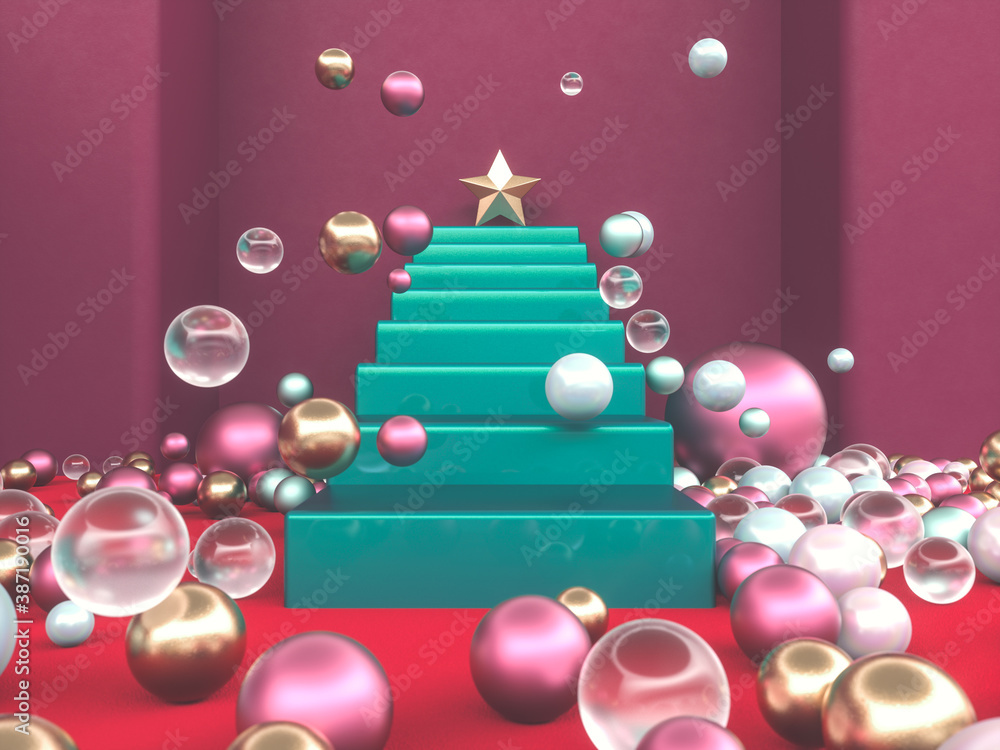 Poster abstract christmas podium backdrop with geometric balls. 3d render.