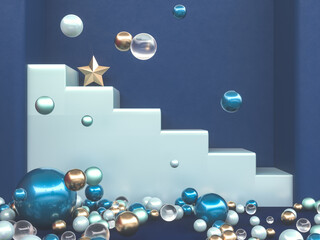 Abstract Christmas podium backdrop with geometric balls. 3d render.