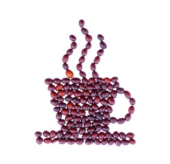 Roasted coffee beans in a glass shape on a white background
