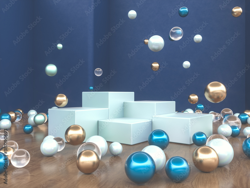 Poster abstract christmas podium backdrop with geometric balls. 3d render.