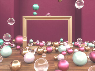 Abstract Christmas podium backdrop with geometric balls. 3d render.